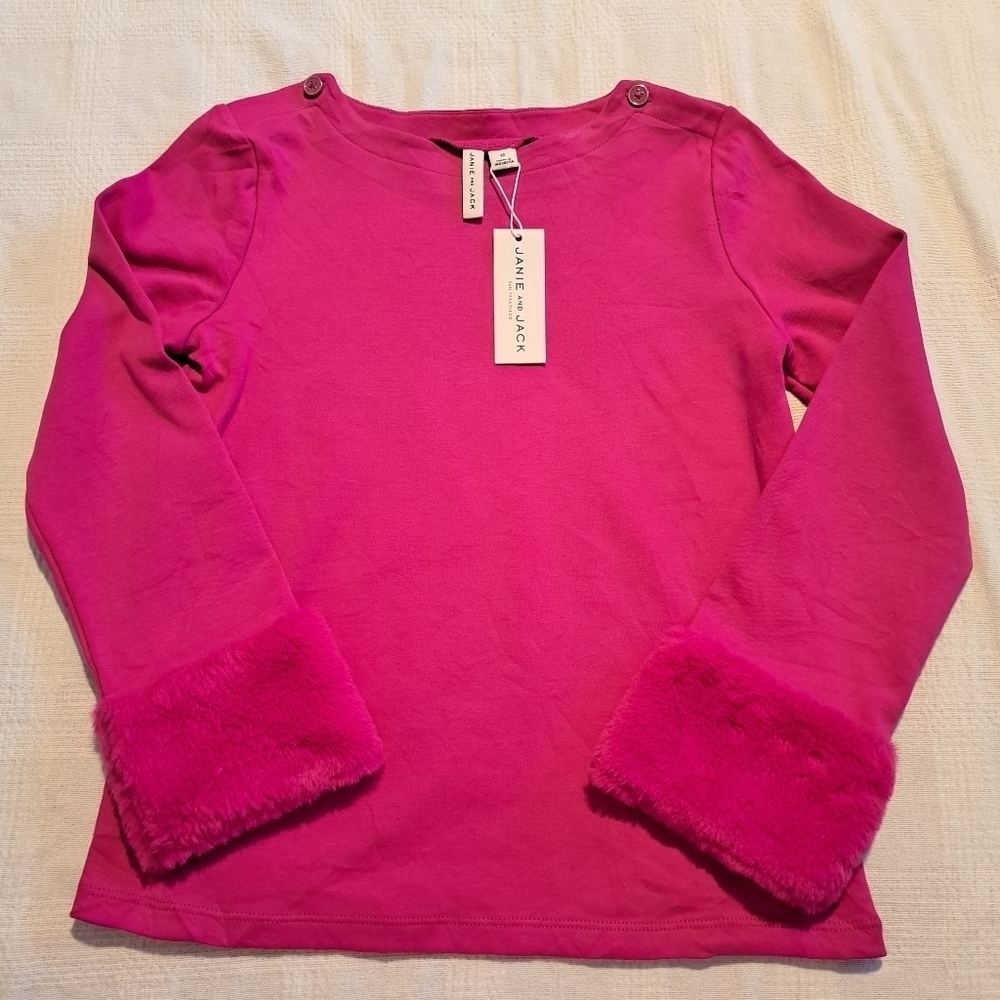 Janie and Jack girls size 12 pink shirt with faux fur trim on sleeve cuff, New
